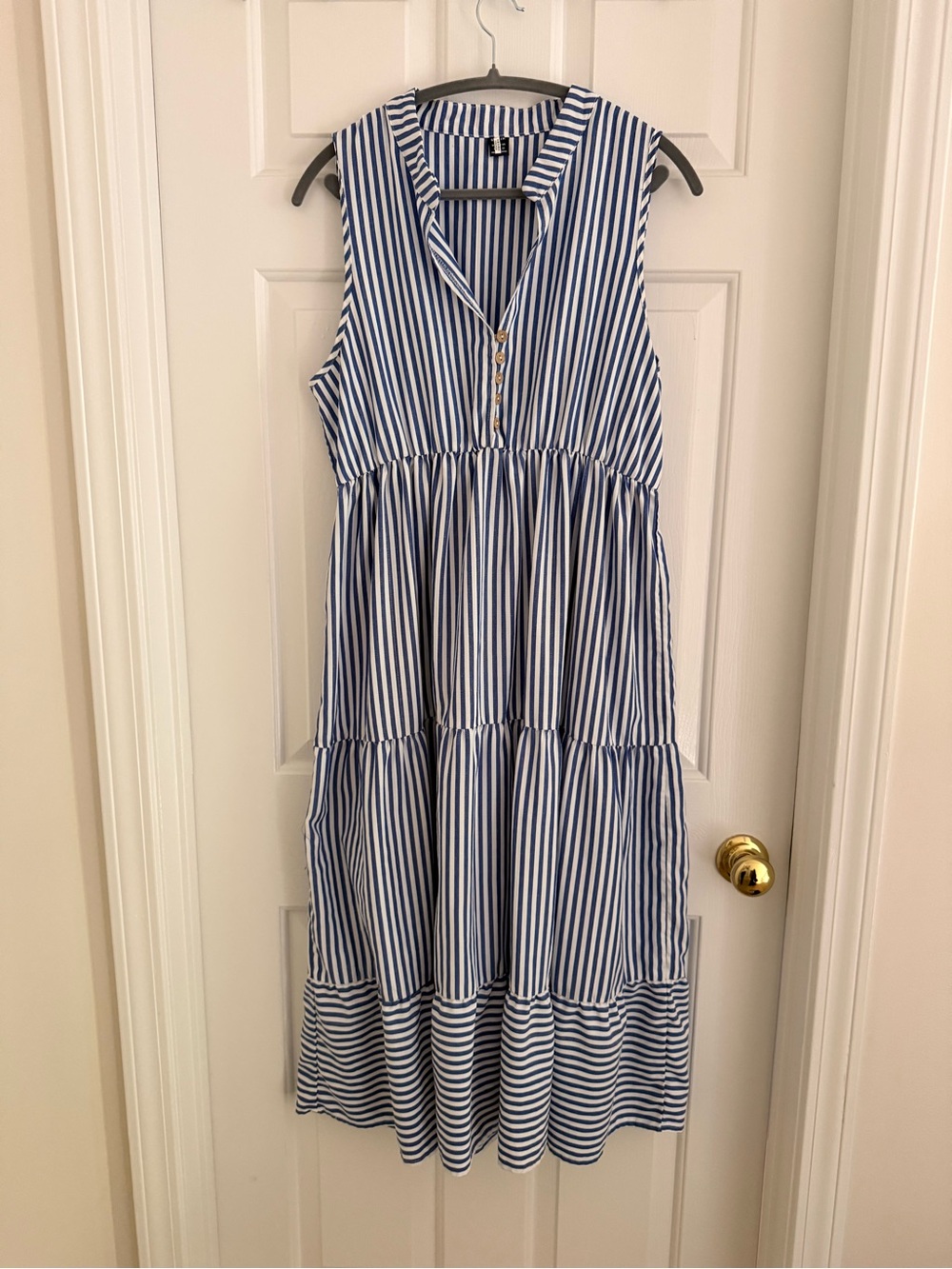 Blue & White Striped Sleeveless Tiered Kids Dress